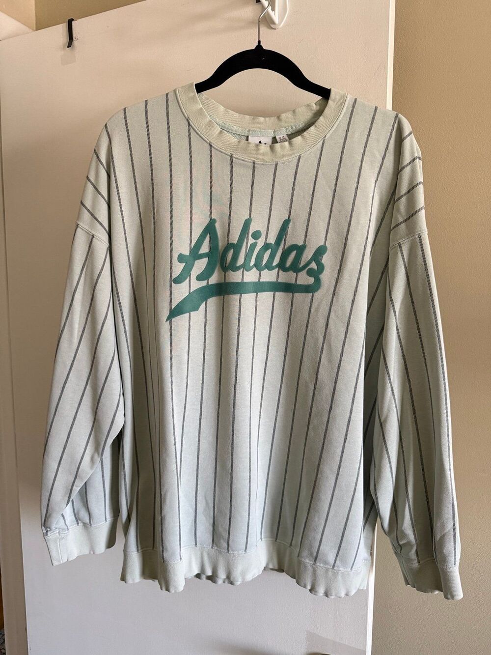 Adidas Sweatshirt Womens Large Mint Green Pinstripe Velour Logo Spellout Stripe